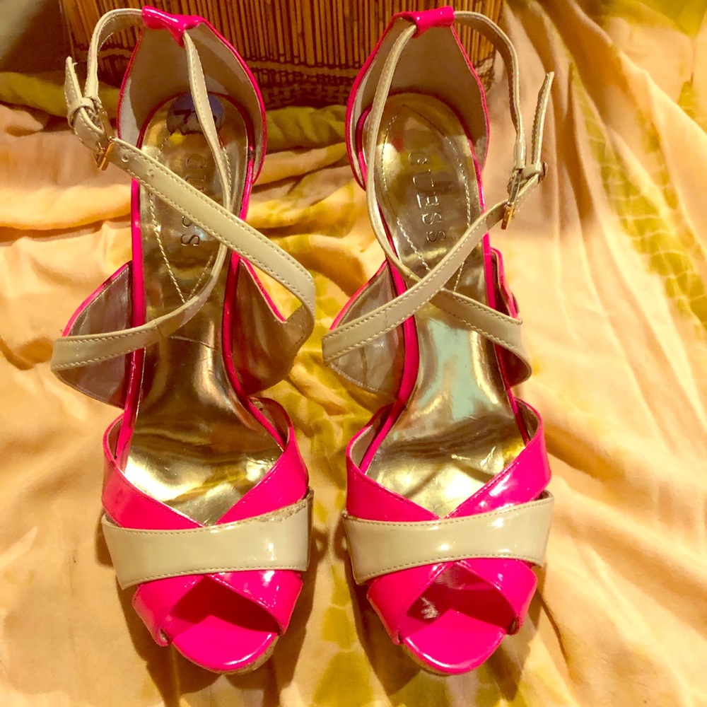 Guess Hot Pink and tan shoe & cork stiletto heals.
